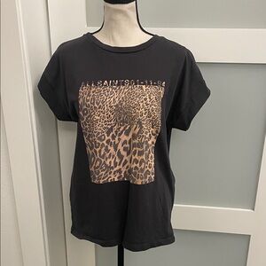 All Saints Black Tee with Leopard Print